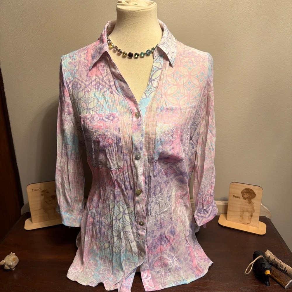 Ruby Rd. Pastel Pink & Aqua Patterned Button-Front Shirt